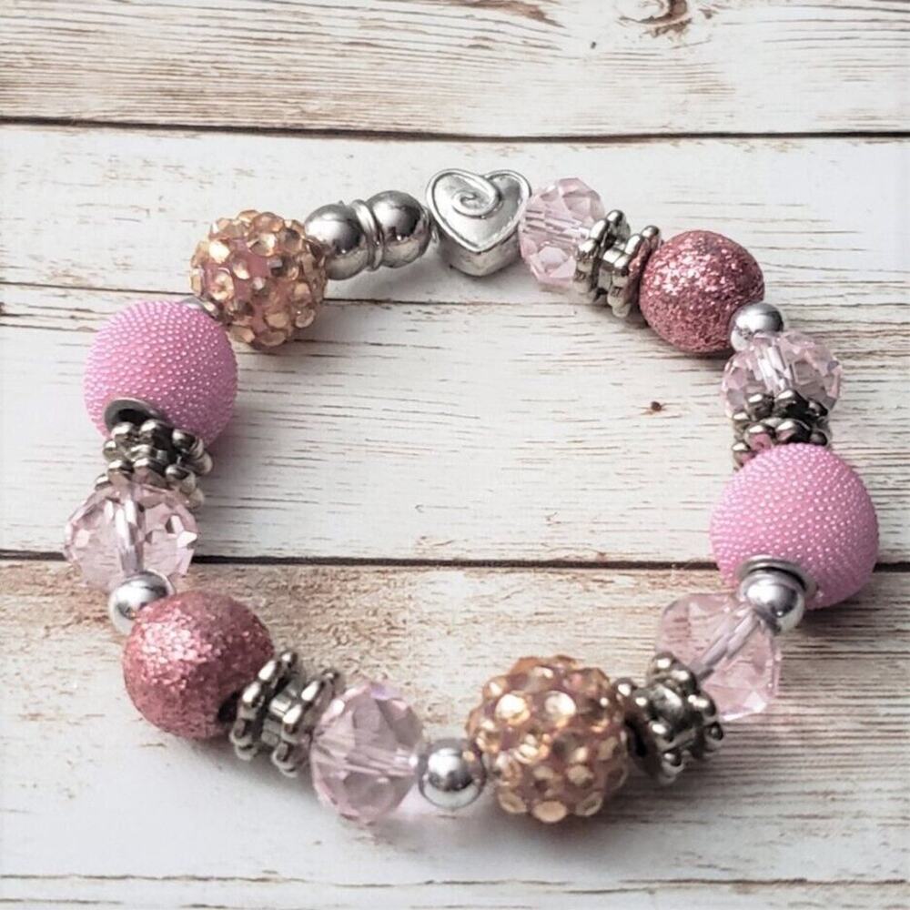 Vintage Bracelet / Bangle - Pink & Silver Tone with Heart Charm